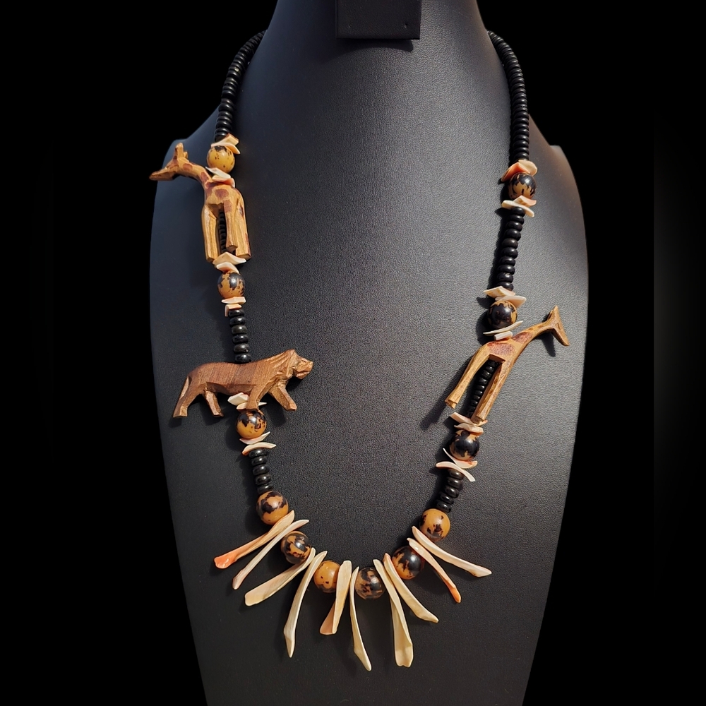 Carved Wooden Safari Animals Ceramic and Shell Beaded Necklace